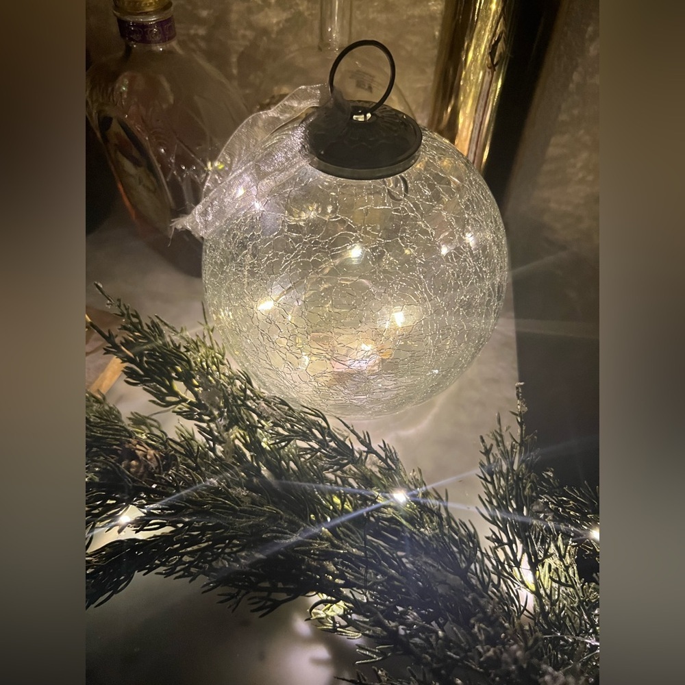 Crackle Glass LED Ornament – Elegant Hanging Lighted Globe about 6 1/2 inches - Picture 2 of 5
